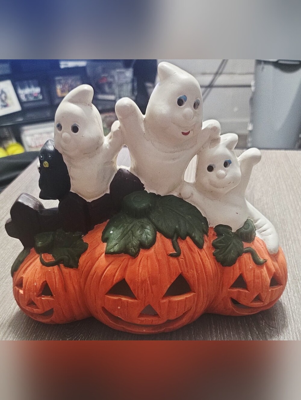 Vintage Halloween Ceramic Figure 3 Ghosts and a Crow on Jack O Lanterns